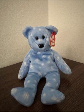 TY 1999 Holiday Teddy Beanie Baby Blue Snowflake Bear Plush - Blue